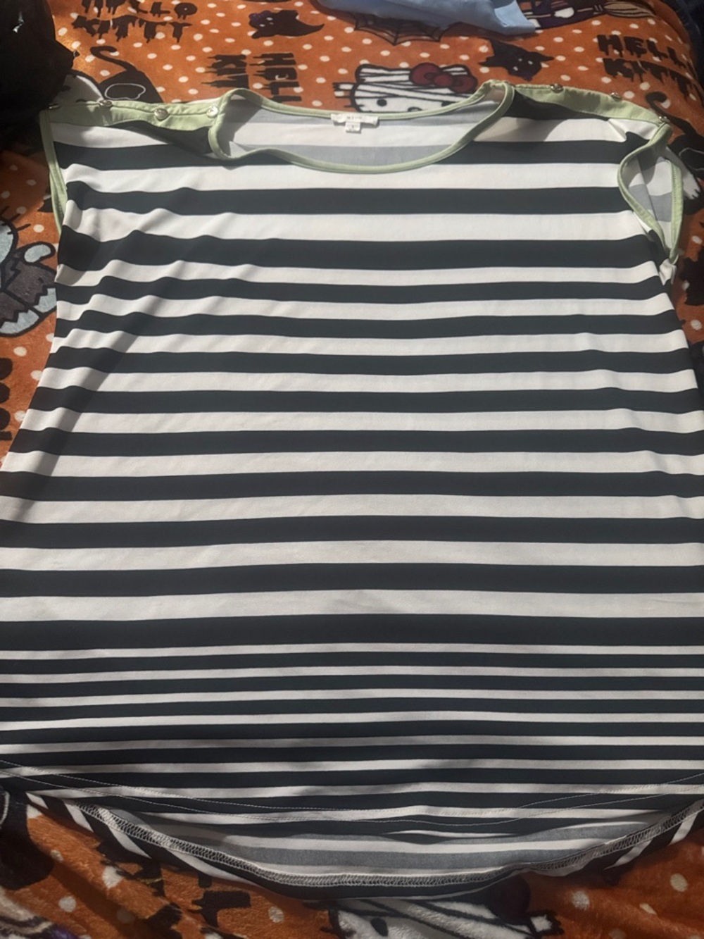 Black & White Striped Women’s Tee with Light Green Trim